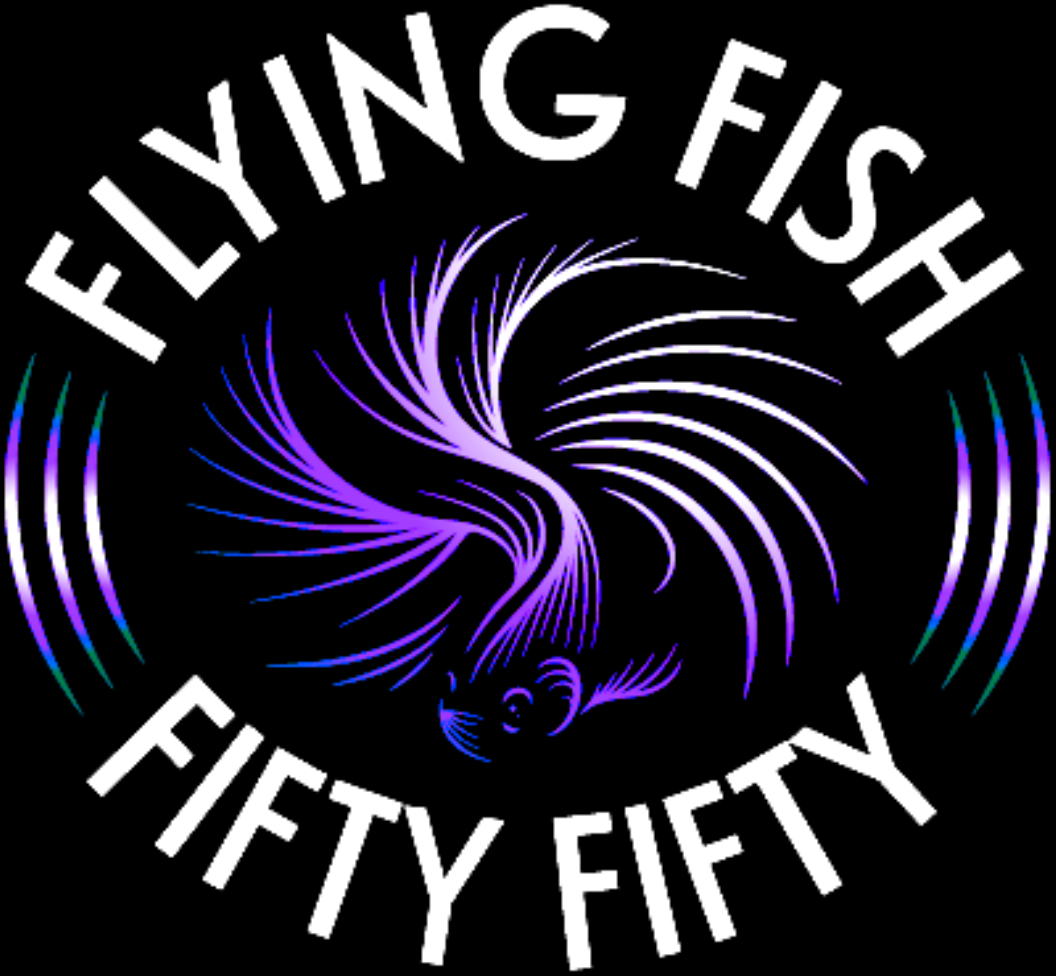 A black and purple logo with the words flying fish fifty fifty